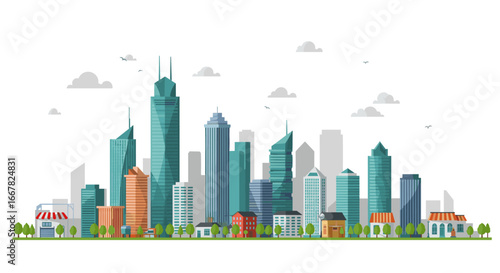 Modern city skyline with diverse skyscrapers in flat design