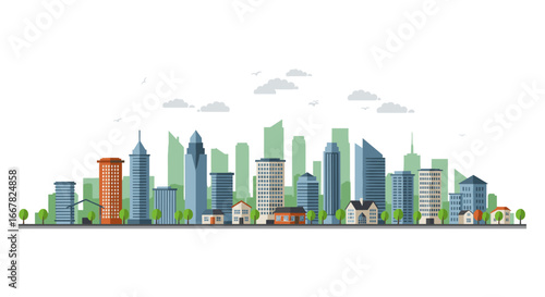 Modern urban skyline panorama with skyscrapers and trees