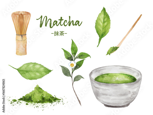 抹茶と茶道具、お茶の葉の水彩画セット