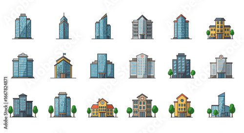 Urban building icons set featuring hospitals, apartments, and offices