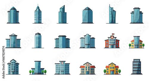 Modern and classic skyscraper and hospital building set with flat design