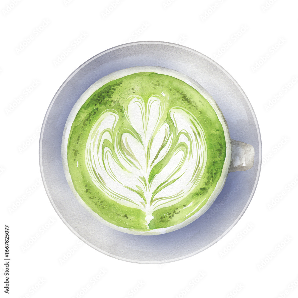 Obraz premium ラテアートが描かれた抹茶ラテの水彩画