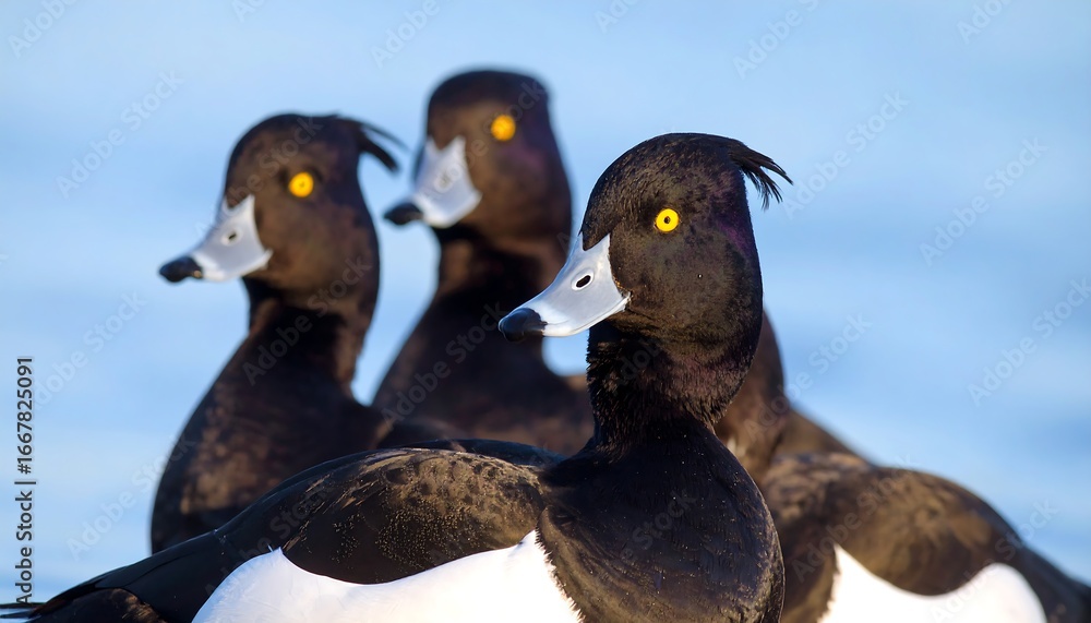 Fototapeta premium Three Tufted Ducks With Bright Yellow Eyes Huddled Together.