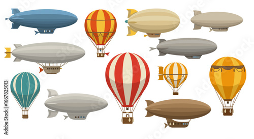 Collection of colorful vintage airships and hot air balloons in retro style