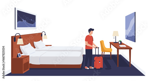 Person with luggage in modern hotel room with twin beds and minimalist decor
