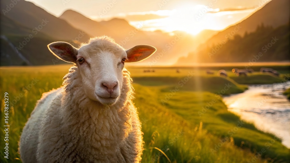 Fototapeta premium Sheep at pasture during sunrise background