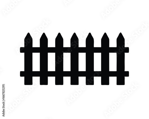 Silhouette of a small black picket fence on a white background