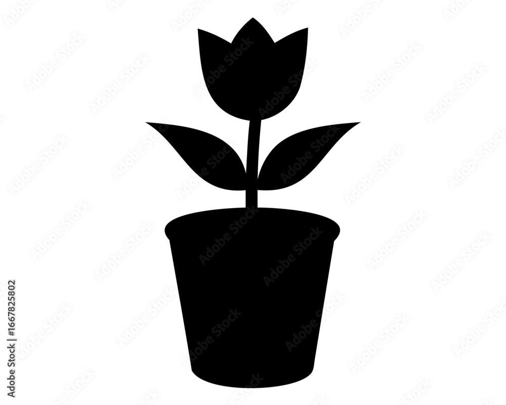 Fototapeta premium Simple Black Silhouette of a Tulip Plant in a Pot on White