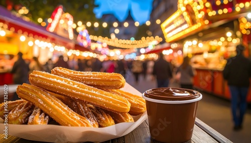 Churros and Chocolate Delight at a Festive Outdoor Market at Twilight