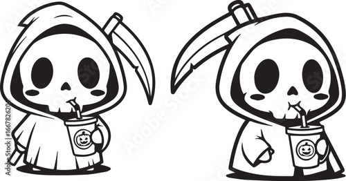 Minimalist black and white Grim Reaper icons – playful skeleton figures with scythes and skull-branded drink cups.