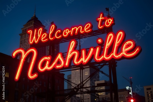 Neon “Welcome to Nashville” glowing against skyline with guitar icon design.
