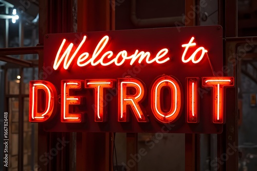 Neon “Welcome to Detroit” glowing in industrial rust setting.
