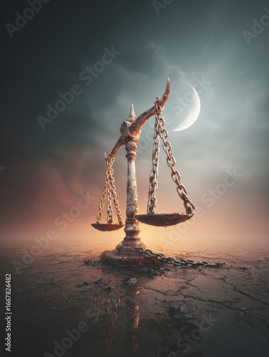 Balance of Justice: A surreal, evocative image showcases an antique scale under a dramatic, moonlit sky, symbolizing justice and equilibrium in a dreamlike landscape.