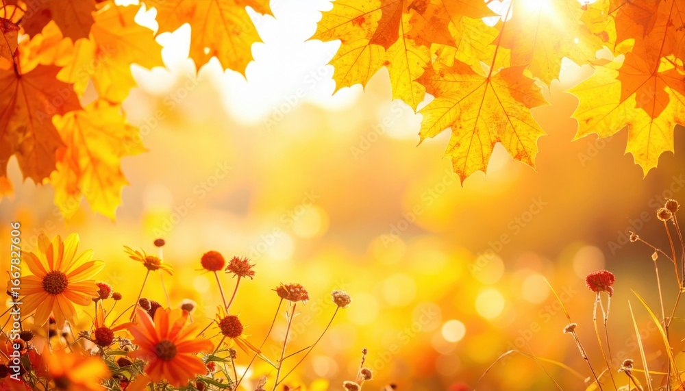 Sun-kissed autumn leaves and flowers, a vibrant fall season scene. Warm sunlight bathes the golden foliage and wildflowers Sun-kissed autumn leaves and flowers, a vibrant fall season scene. Warm sunlight bathes the golden foliage and wildflowers