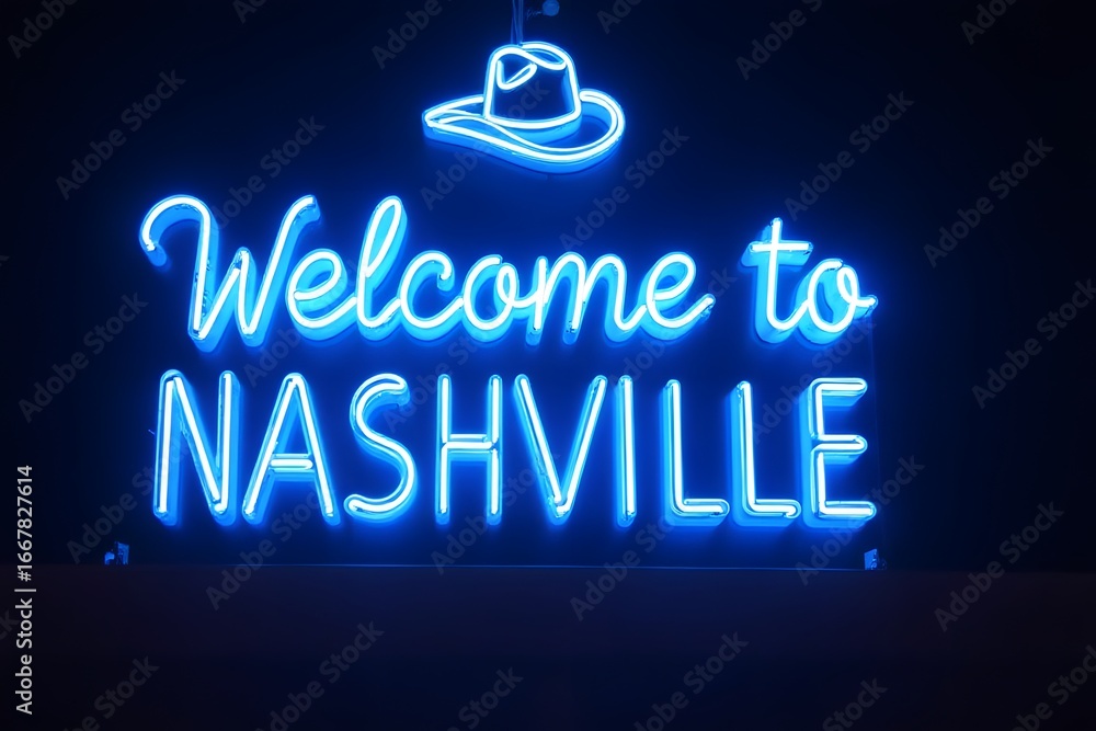Fototapeta premium Neon “Welcome to Nashville” glowing neon blue with cowboy hat. 