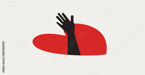 Hand raised above from heart shape manhole, concept illustration about asking for help after falling into emotional trap