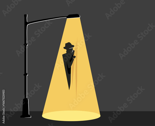 A spy hiding identity in the lamppost light and looking for evidence illustration