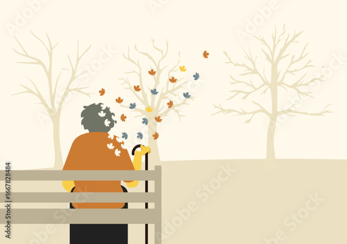 Elderly person sitting quite in bench, memory loss illustration
