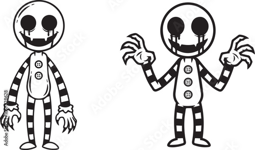 Minimalist black and white creepy character icons – eerie humanoid figures with striped limbs, hollow eyes, and sinister grins.
