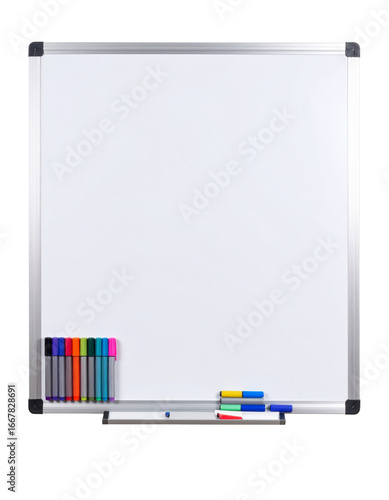 Large whiteboard with sleek silver frame and colorful markers arranged neatly at bottom Isolated on Transparent or White Background