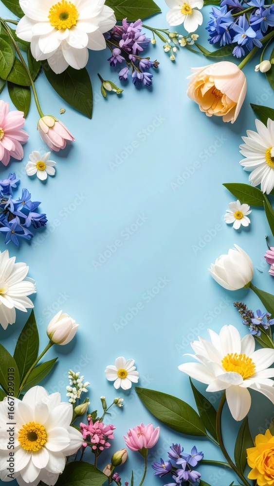 Obraz premium a vibrant floral arrangement featuring various colorful flowers arranged around a light blue background. The arrangement is filled with a variety of flowers.
