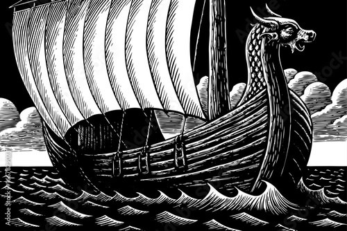 Ancient Viking longship with dragon head prow on open sea, cultural black and white sketch.