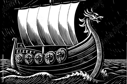 Ancient Viking longship with dragon head prow on open sea, cultural black and white sketch.