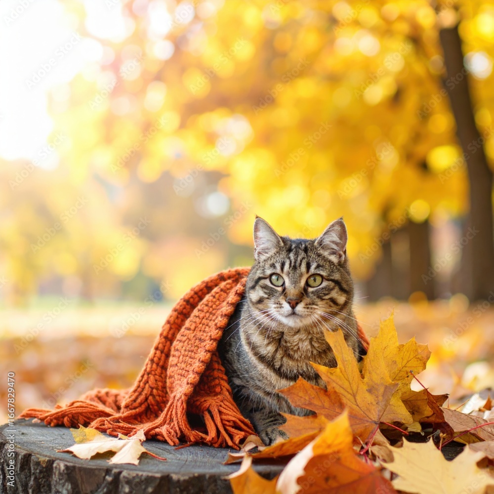 Fototapeta premium a cute cat wrapped in an orange blanket in a beautiful autumn scenery setting