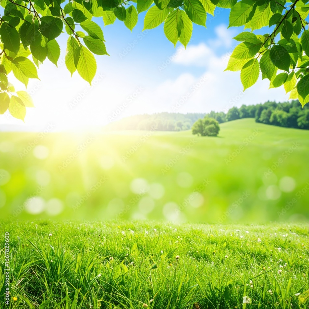 Obraz premium A vibrant meadow scene framed by leaves, where lush greenery meets the radiant sun. A refreshing view that evokes feelings of serenity