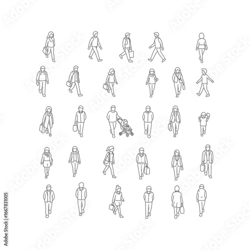Collection of diverse people walking isometric line art vector illustration people icons pedestrian urban city street diverse characters line art people