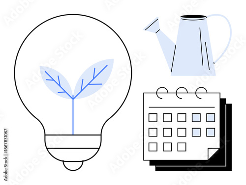 Light bulb with sprouting plant signifies growth and creativity, paired with a watering can and calendar for planning and nurturing concepts. Ideal for sustainability, innovation, productivity, time