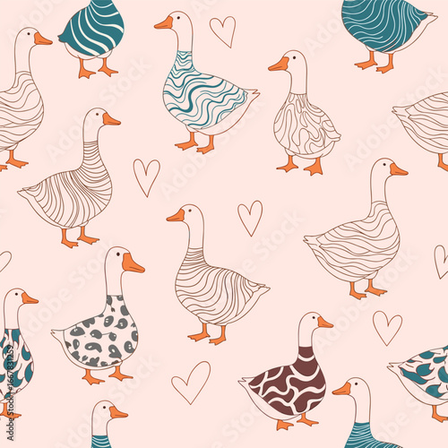 Whimsical Countryside Duo Tone Geese and Hearts Pattern
