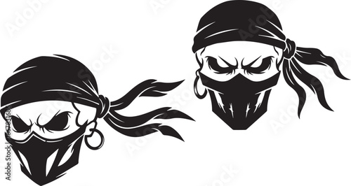 Minimalist black and white outlaw skull icons – fierce masked pirate silhouettes with bandanas, goggles, and attitude.