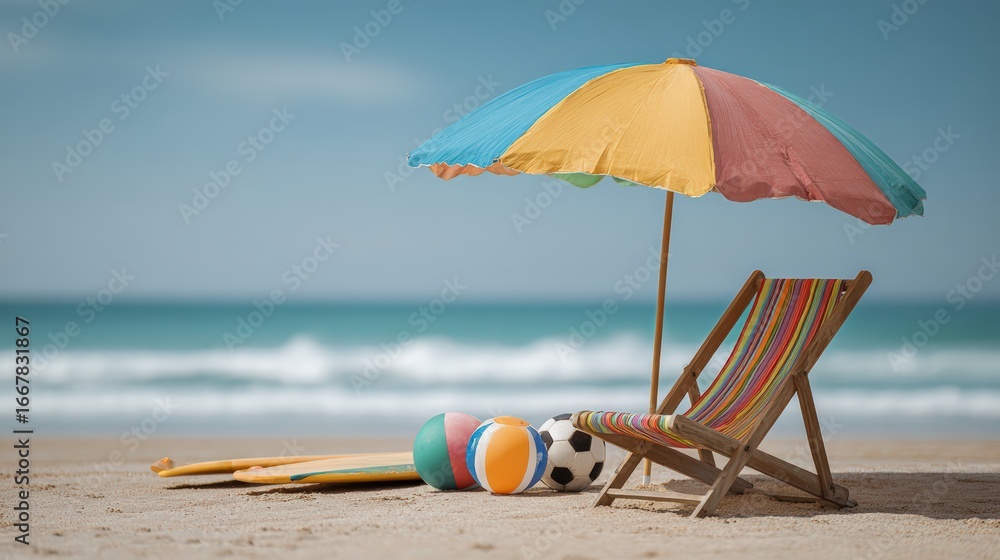 Obraz premium Colorful beach chair and umbrella with surfboards and balls on sandy shore under clear blue sky, captured in bright daylight, ideal for tropical vacation marketing and summer travel promotions