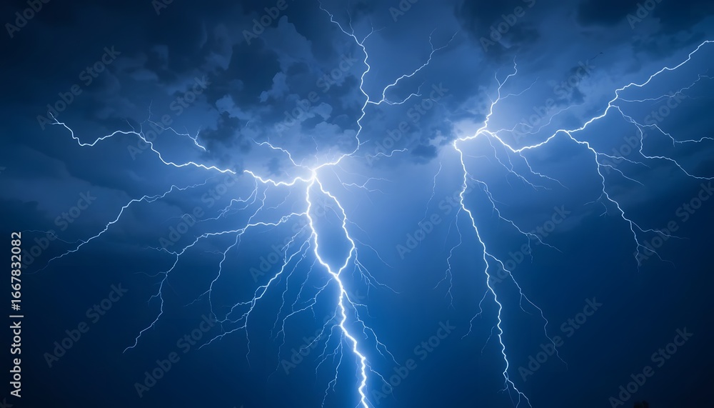 Fototapeta premium Powerful blue lightning strikes illuminate a dark stormy sky