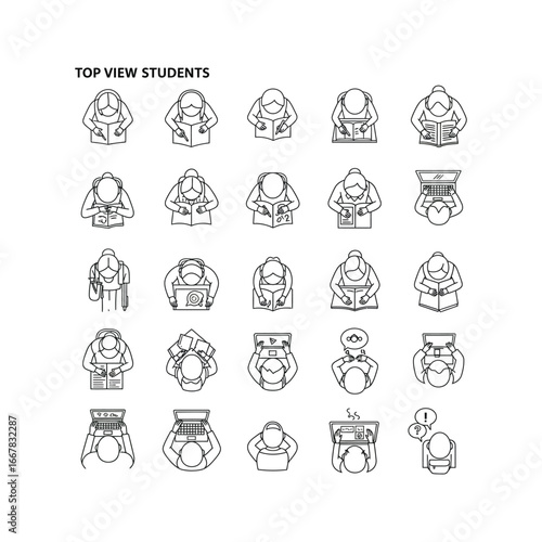 Top View Students Studying 20 Line Icons of Students Reading Learning Using Laptops and Tablets