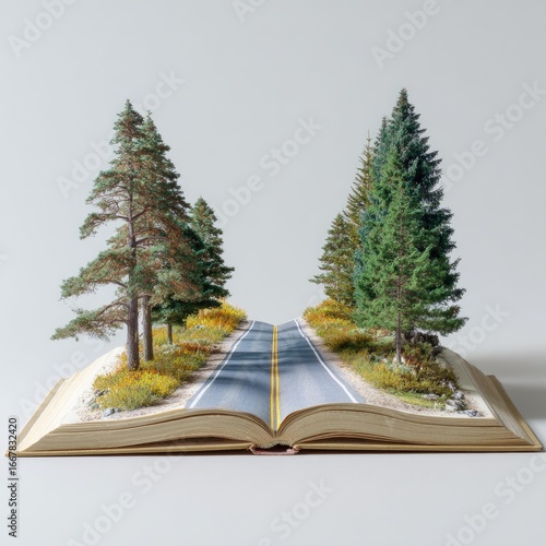 Open book revealing a road through a forest