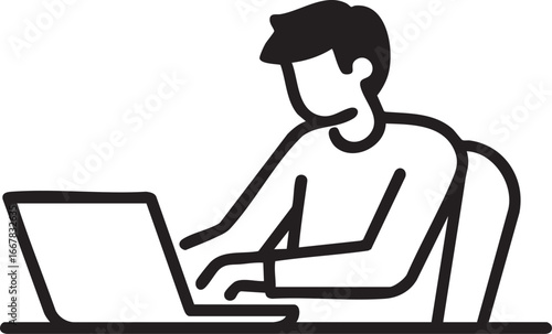Man working on laptop vector icon - remote work, freelancer, online education eps silhouette