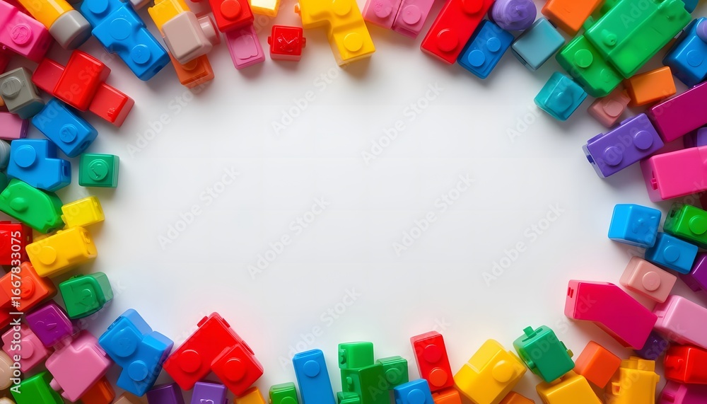 Fototapeta premium Colorful building blocks frame a white space for creativity