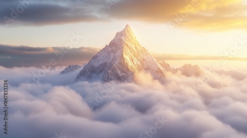Majestic snow-covered mountain peak rising above clouds at sunrise