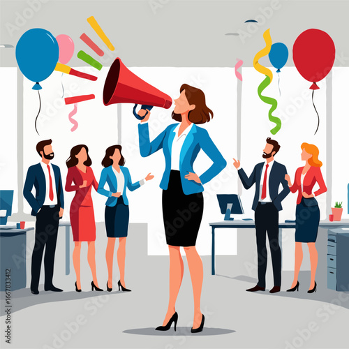 Businesswoman with megaphone announcing news to colleagues at office party