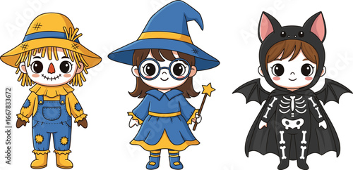 Halloween, cartoon, kids, costume, scarecrow, witch, skeleton, bat, party, spooky, festive, celebration, illustration, dress, wand