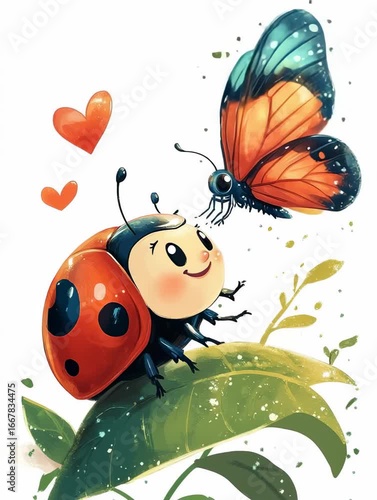 Video of cute ladybug and butterfly on green leaf with heart symbols in bright cartoon style on white background