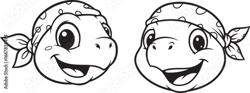Minimalist black and white turtle character icons – playful anthropomorphic faces with polka-dot bandanas.
