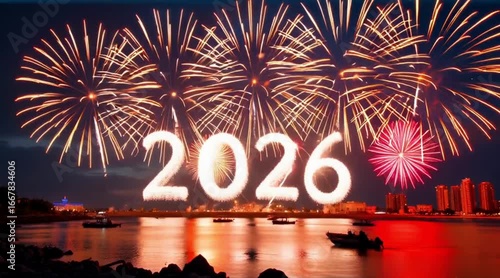 Spectacular fireworks display over water celebrating a new year