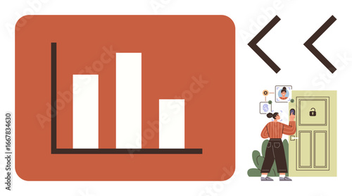 Bar graph for data analysis alongside a person verifying identity using a modern keypad system. Ideal for security, analytics, tech, data, business, verification, and flat metaphor themes
