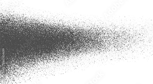 Abstract dark grey spray paint splatter texture with varying density and particle size on a white background