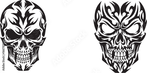 Minimalist black and white tribal skull icons – fierce flame-patterned silhouettes for tattoo and graphic design themes.