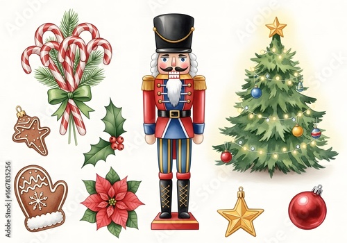 Classic christmas decorations featuring a nutcracker candy canes poinsettia and a decorated tree