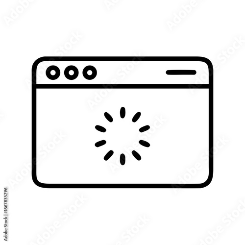 Minimalist black outline vector icon of a loading spinner inside a browser window, symbolizing website loading, internet. Isolated on a transparent background